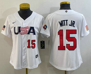 Women%27s USA Baseball #15 Bobby Witt Jr Number 2023 White World Classic Replica Stitched Jersey